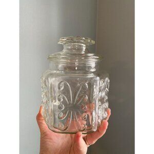 Vintage L.E. Smith Atterbury Scroll Glass Canister With Lid Clear Glass Design F